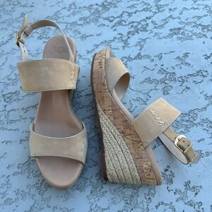 UGG Women's Suede Wedge Sandals Espadrille Cork Heel Ankle Strap Beige Size 7.5